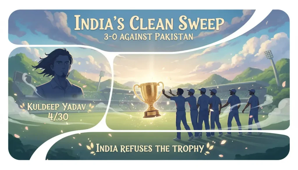 Ghibli-style infographic: India's 3-0 Asia Cup sweep vs Pakistan, Kuldeep Yadav's 4/30, Tilak Varma's 69 runs, India refused trophy from Mohsin Naqvi.