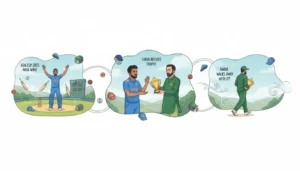 Modern Ghibli-style infographic showing India's Asia Cup 2025 win against Pakistan, Suryakumar Yadav refusing the trophy from Mohsin Naqvi, who walked away.