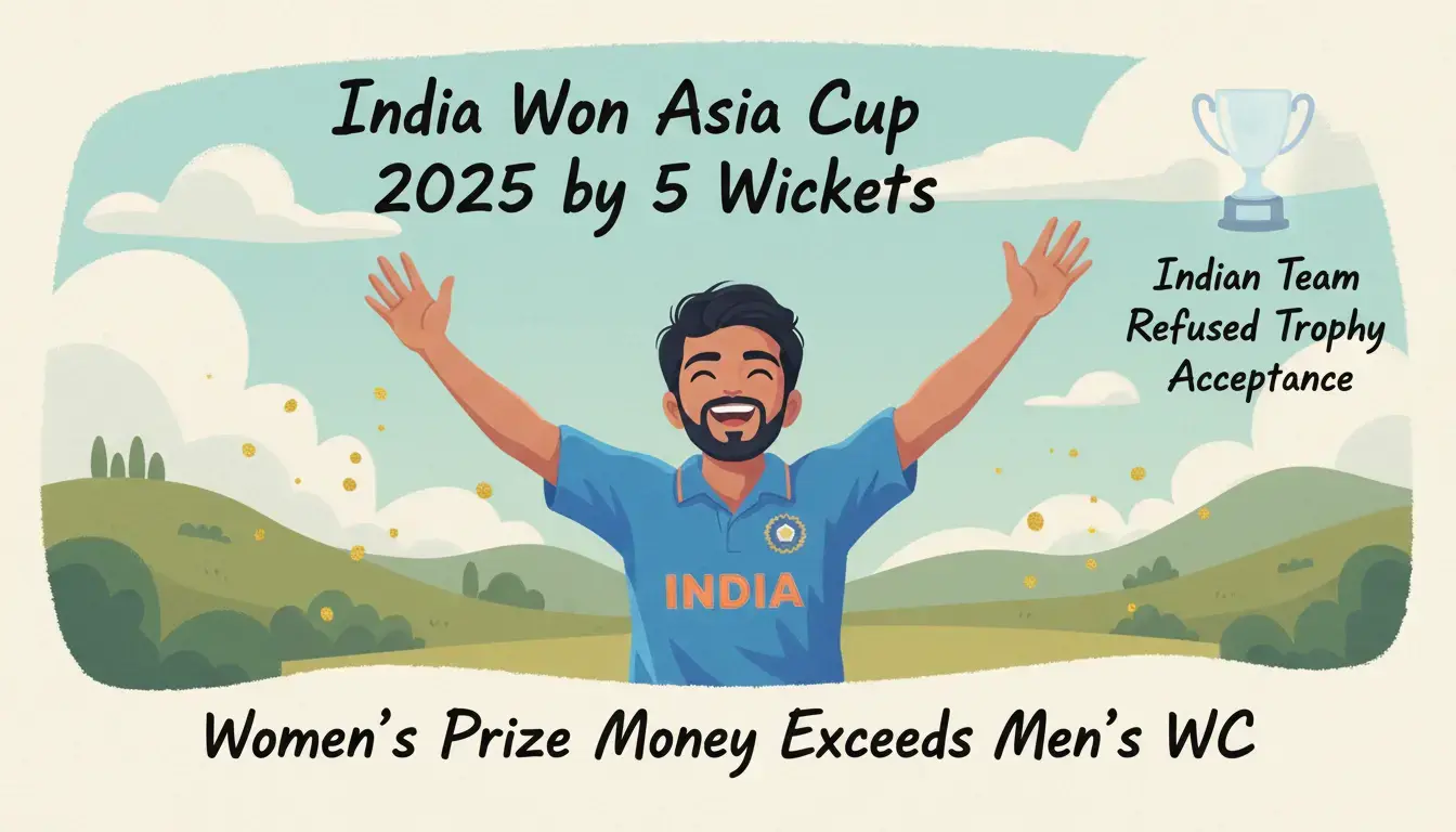 Ghibli-style infographic showing India winning Asia Cup 2025 by 5 wickets, refusing trophy acceptance, and Women's WC prize money exceeding Men's.
