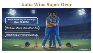 Infographic depicting Suryakumar Yadav embracing Dunith Wellalage after India's Super Over win, highlighting Wellalage's resilience and the viral sportsmanship moment.