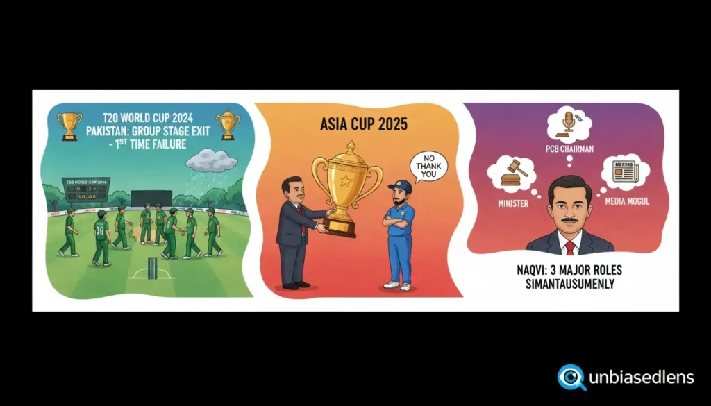 Infographic detailing Pakistan cricket instability: Historic T20 World Cup 2024 group stage exit, India refusing Asia Cup trophy from Naqvi, and Naqvi's triple roles.