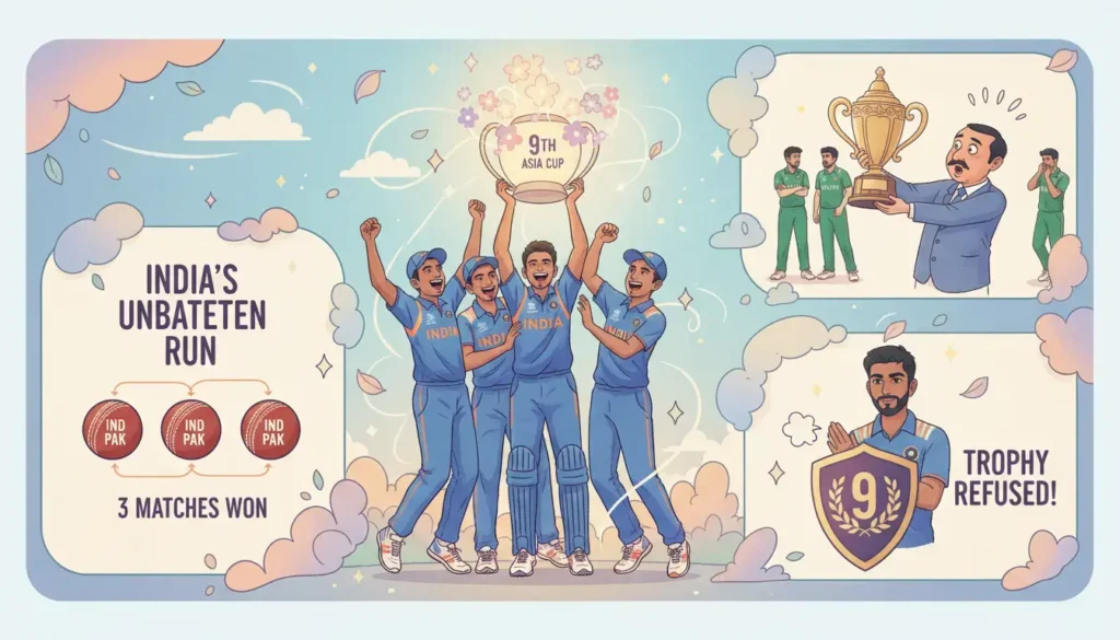 India wins 9th Asia Cup, unbeaten against Pakistan. Team refused trophy from PCB/ACC chief Naqvi. ICC urged to reconsider future India-Pakistan fixtures.