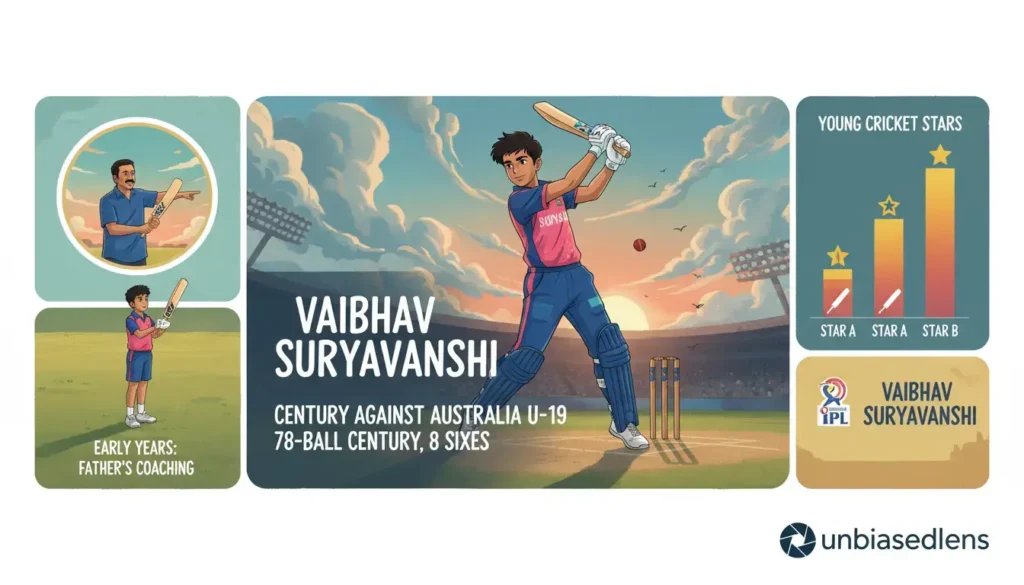 Vaibhav Suryavanshi's historic rapid century against Australia U-19. Youngest IPL centurion, compared to Tendulkar and Kohli by experts.