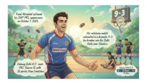 Fazel Atrachali marks 200th PKL appearance with a dramatic 9-3 tie-breaker win for Dabang Delhi K.C. over Steelers, solidifying their Season 12 lead.