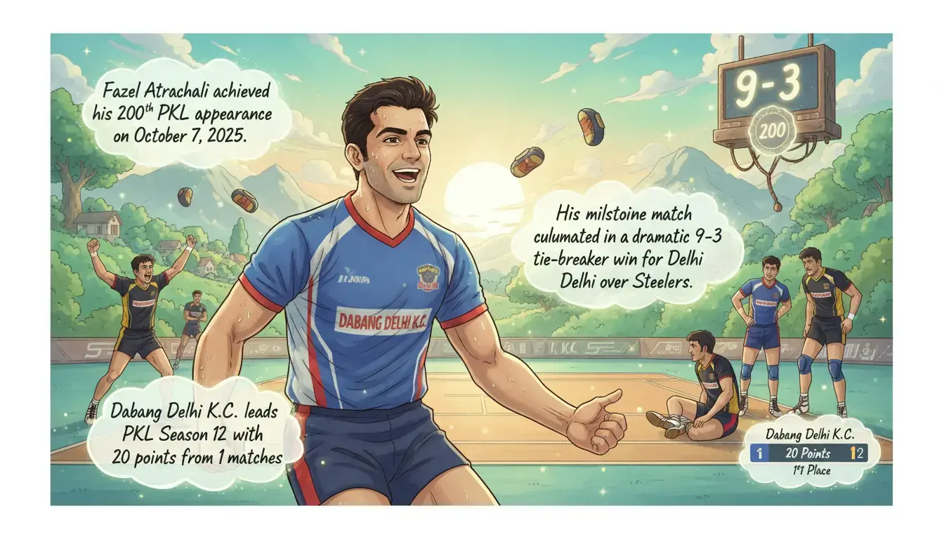 Fazel Atrachali marks 200th PKL appearance with a dramatic 9-3 tie-breaker win for Dabang Delhi K.C. over Steelers, solidifying their Season 12 lead.