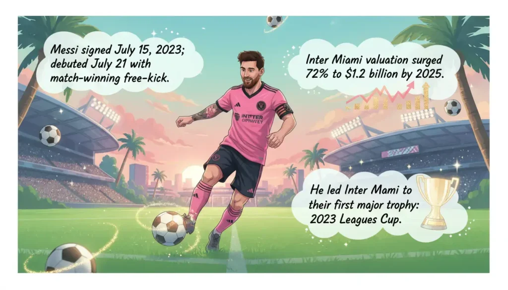 Messi signed July 15, 2023, debuting July 21 with a free-kick. Inter Miami's valuation surged 72% to $1.2 billion by 2025. He led them to the 2023 Leagues Cup.