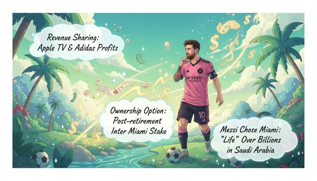 Messi's deal includes Apple TV/Adidas revenue sharing, post-retirement Inter Miami ownership, and his choice of Miami over billions.