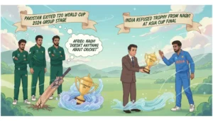 Ghibli infographic: Pakistan's T20 World Cup 2024 exit, India's Asia Cup 2025 trophy refusal from Naqvi, and Naqvi's leadership concerns, featuring soft colors and stylized players.