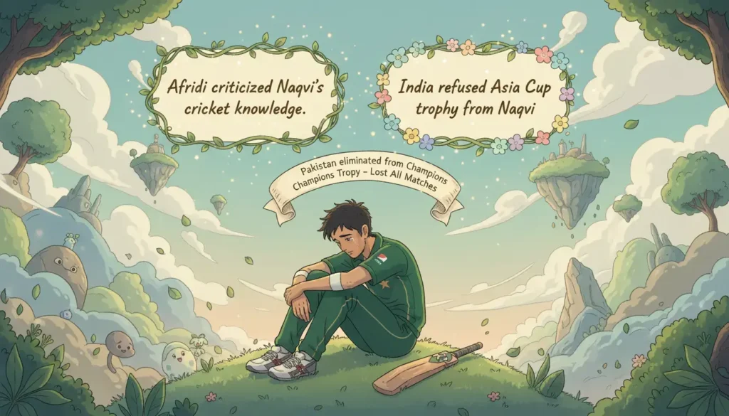 Ghibli-style infographic showing Pakistan eliminated from Champions Trophy. Features Shahid Afridi criticizing Mohsin Naqvi, and India refusing Asia Cup trophy from Naqvi.
