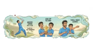 Infographic of Abhishek Sharma's record 931 T20I rating, Asia Cup Player of the Tournament, and Yuvraj Singh's mentorship.