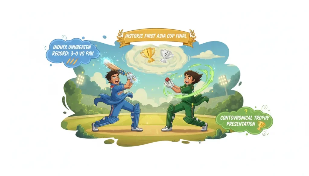 Infographic highlights India's unbeaten Asia Cup 2025 triumph over Pakistan in a historic final, five-wicket victory. Details strict Dubai security and controversial trophy presentation.