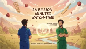 Infographic showing India-Pakistan CT 2025: 26 Billion Minutes Watch-Time, 206 Million Viewers. India refused trophy from Pak Minister. Captains avoided handshakes.