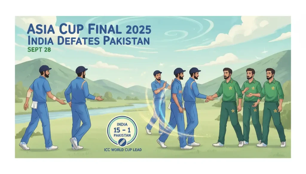 India defeated Pakistan in 2025 Asia Cup final; Indian players refused handshakes and trophy. India holds 15-1 ICC World Cup record, series frozen since 2013.